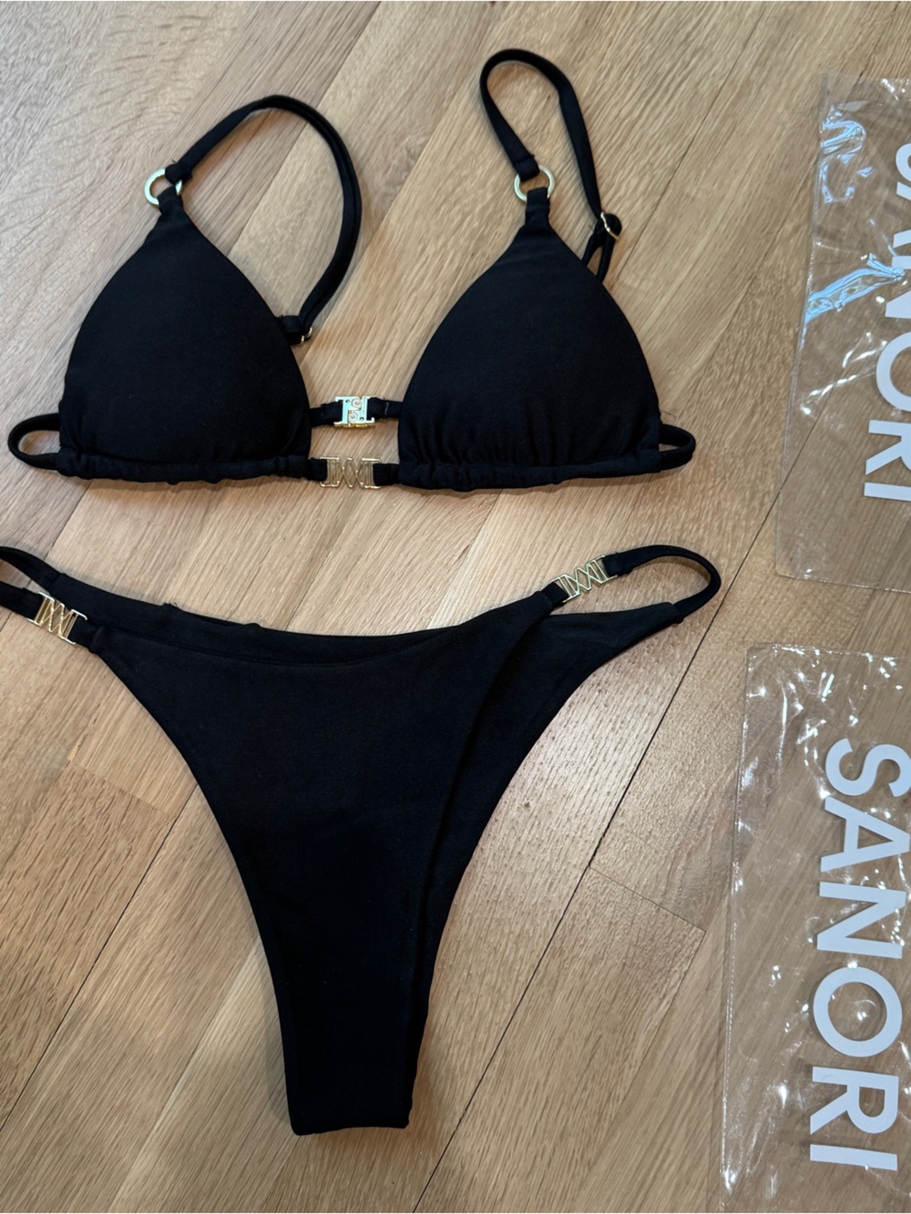 SANORI Black Triangle Bikini Set with Gold Hardware size small FLAWED